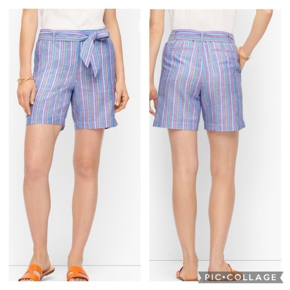 TALBOTS / Tie Waist Shorts Sunshine Stripes Linen/Cotton Blend Size 8P - Picture 1 of 9